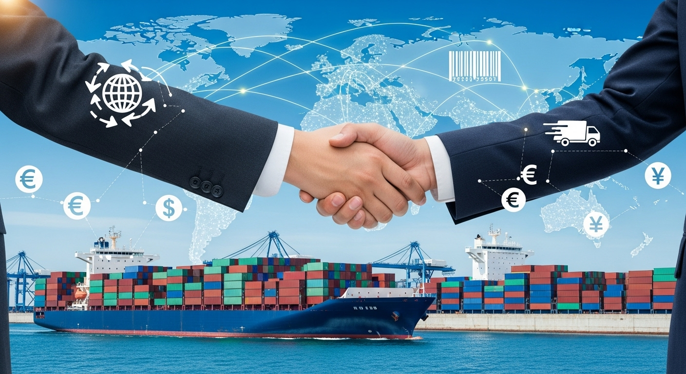 Global export business success - shipping containers, world map, and international trade connections