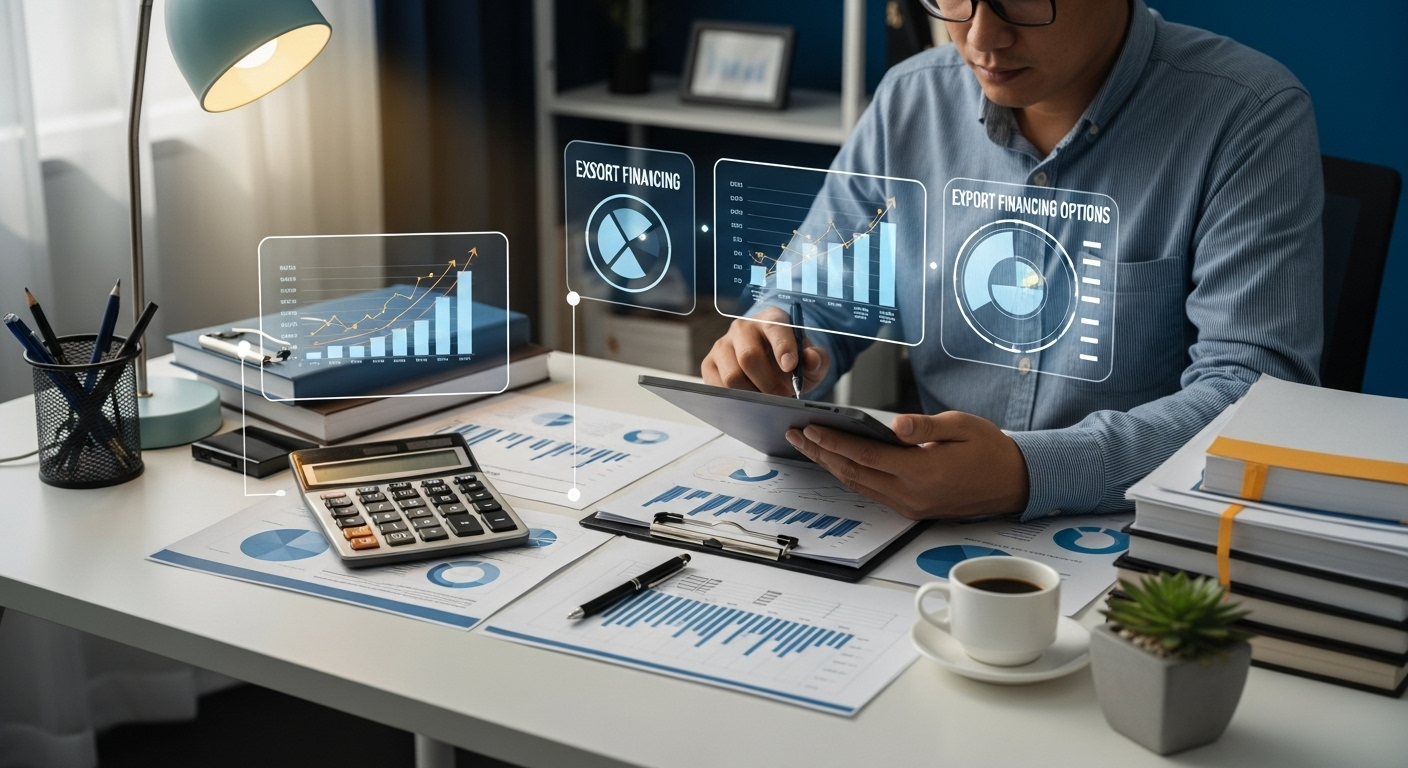 Professional business financing concept showing financial planning, calculators, and export business funding strategies