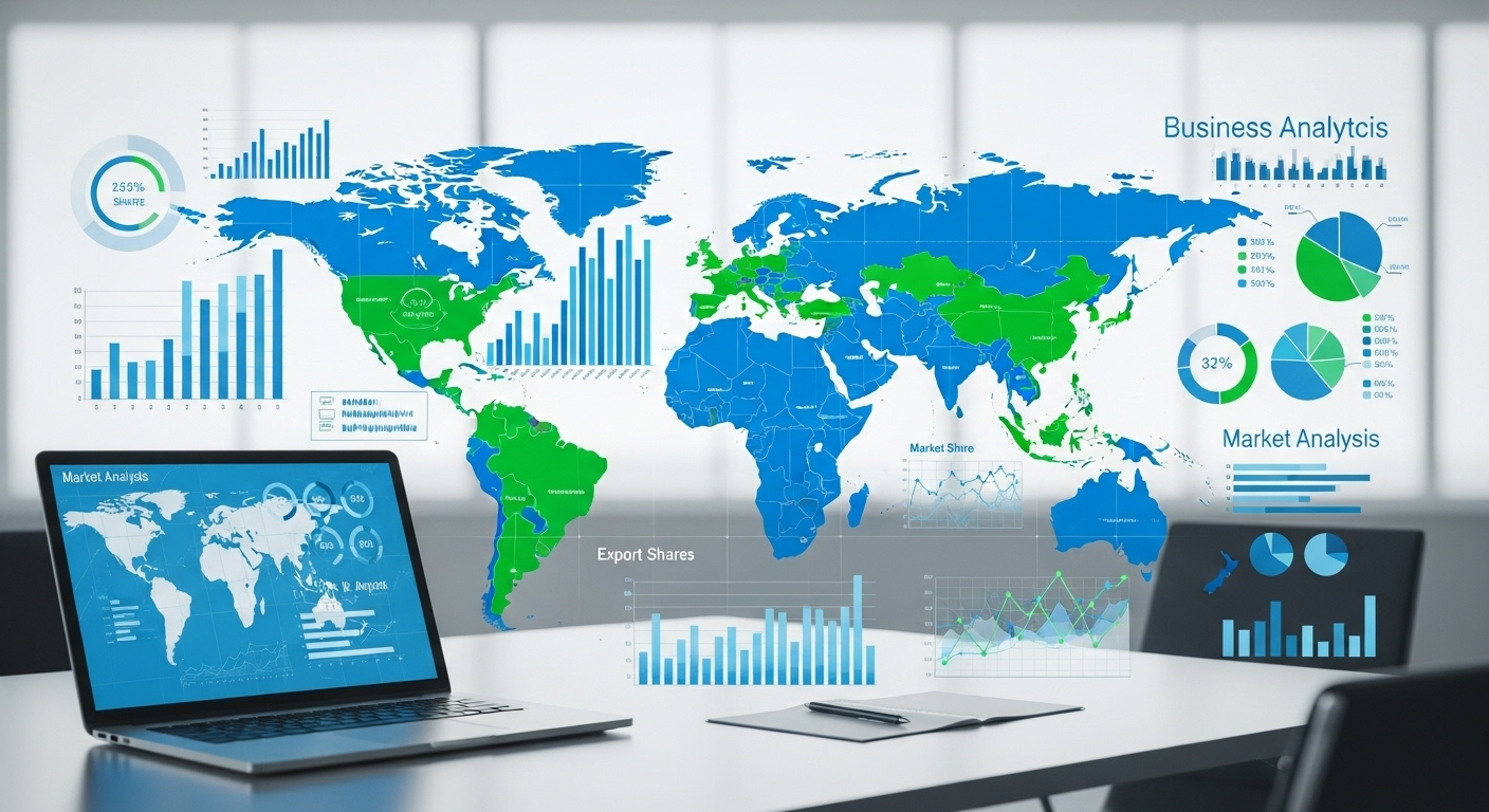 Professional market research analytics showing global export data analysis, charts, and strategic planning